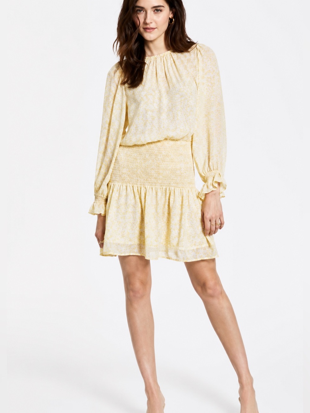 NWT Lucy Paris Clementine Floral Smocked Mini Dress Long Sleeve Yellow Medium